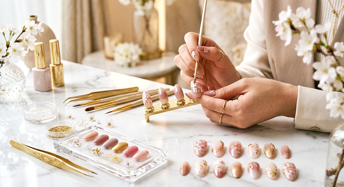 桜モチーフのネイルチップを手作業で仕上げるネイリスト
